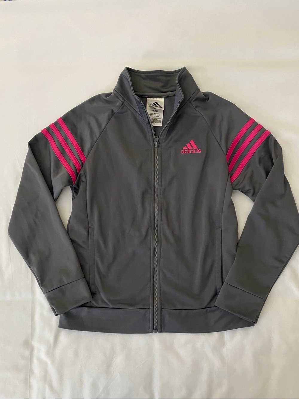 Girls Adidas Gray Track Jacket Pink Stripes Medium 10/12